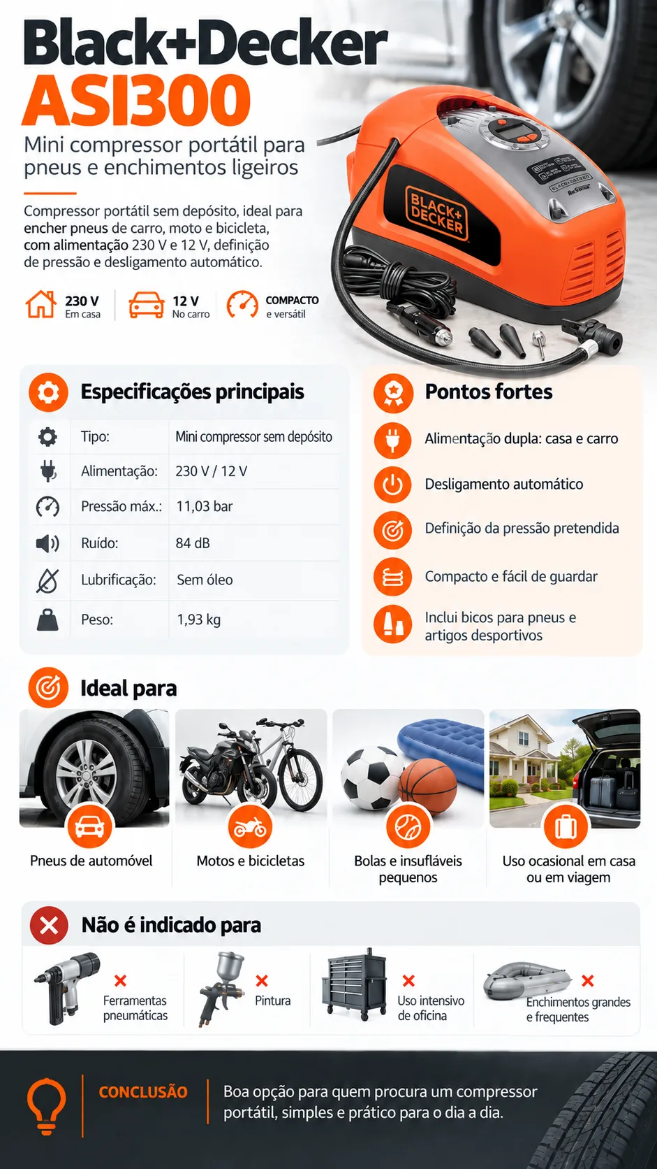 Infográfico Black+Decker ASI300: especificações, pontos fortes, para quem é e para quem não é