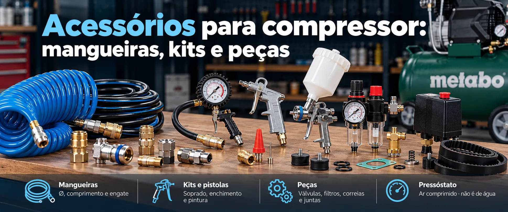 Acessórios para compressor — mangueiras, kits e peças numa bancada
