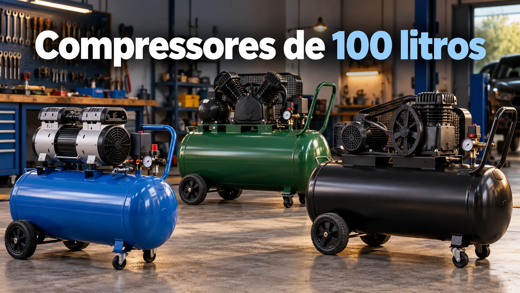 Compressores de 100 litros — comparação e guia de compra: três modelos numa oficina