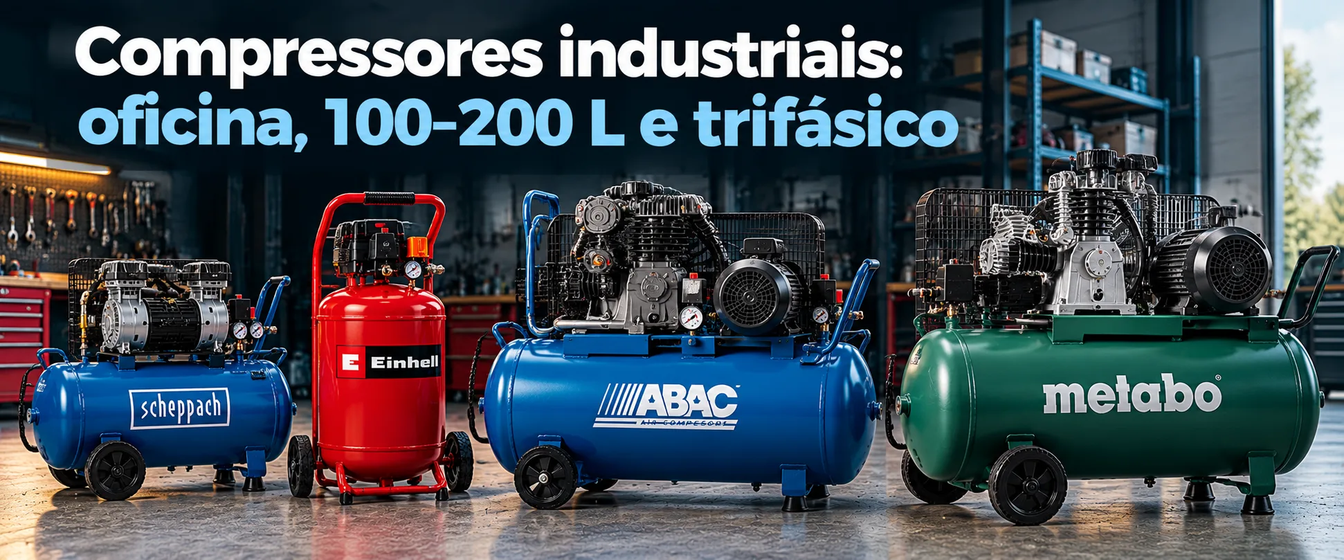 Compressores industriais — oficina, 100-200 L e trifásico