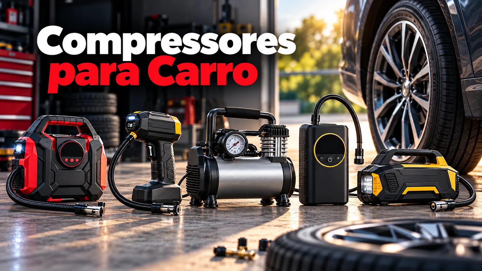 Compressores para carro — comparação e guia de compra: bombas de ar 12 V numa garagem