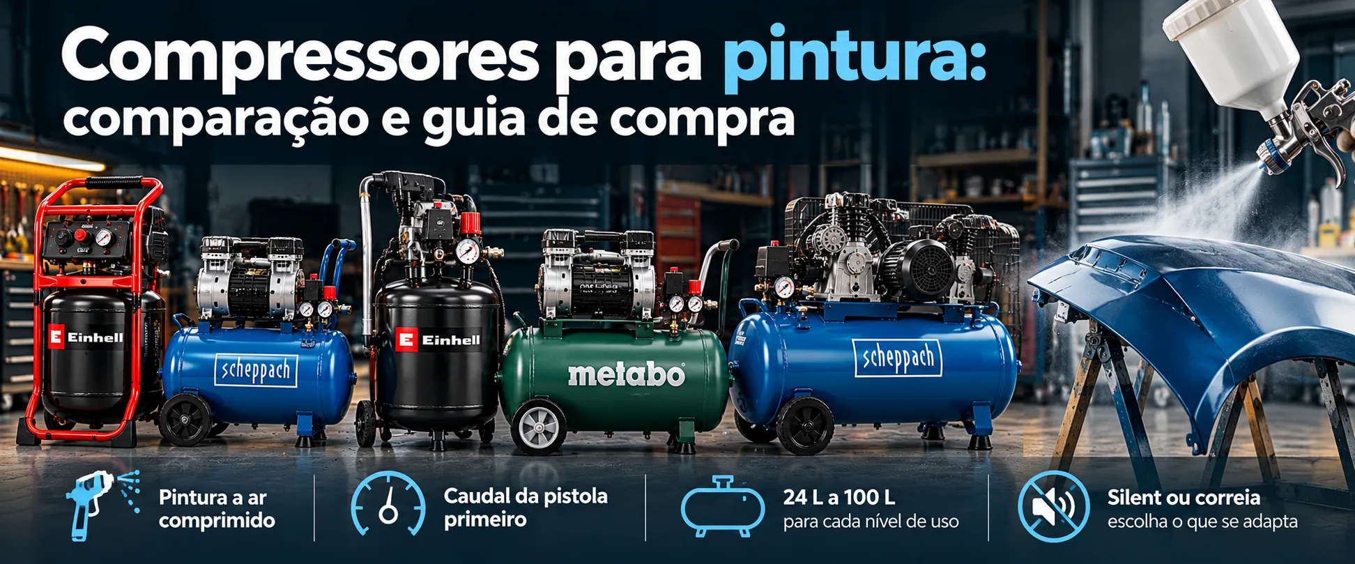 Compressores para pintura — comparação e guia de compra: modelos e pistola numa oficina