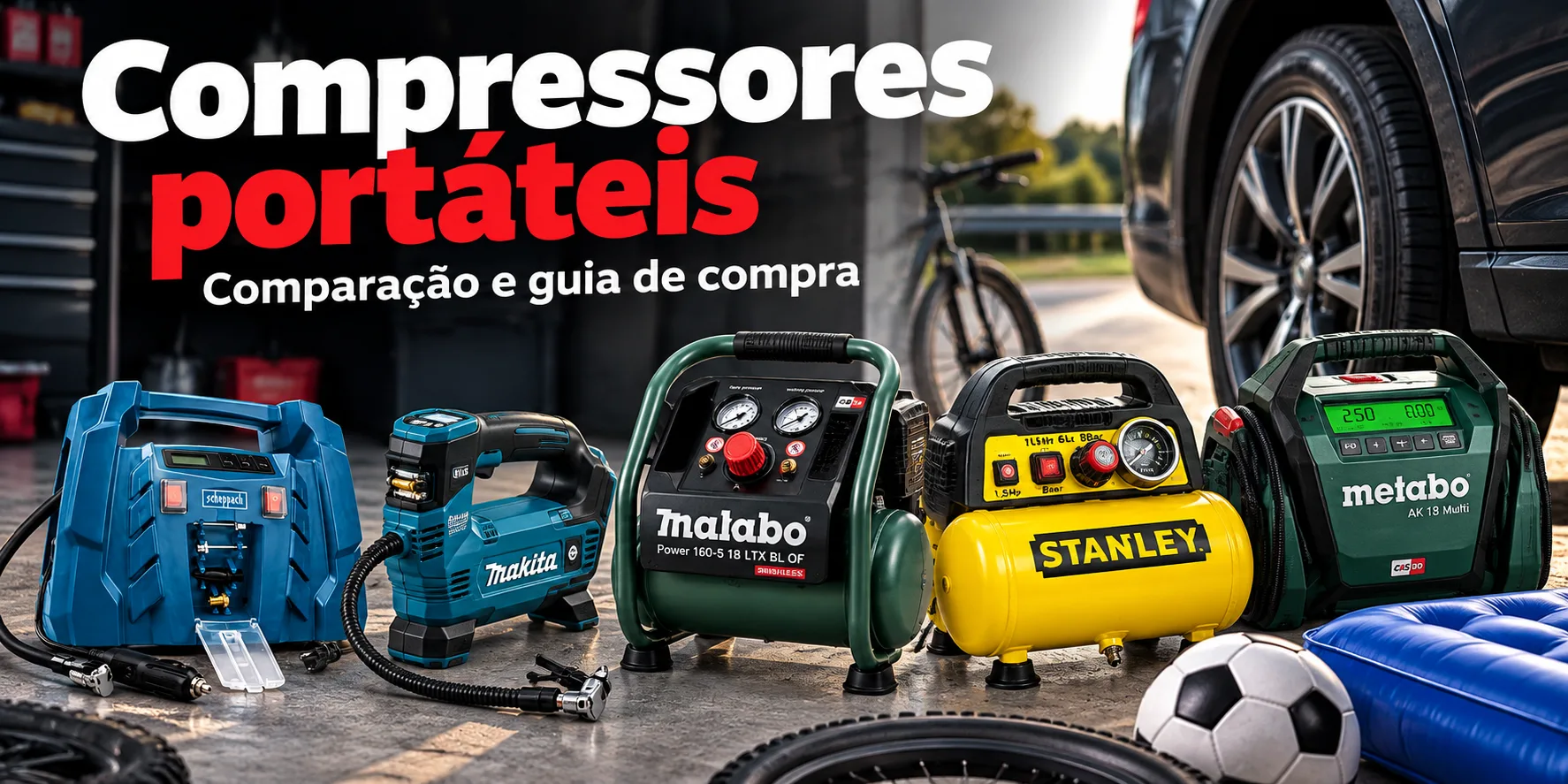 Compressores portáteis — comparação e guia de compra: dual, bateria e 6 L numa garagem
