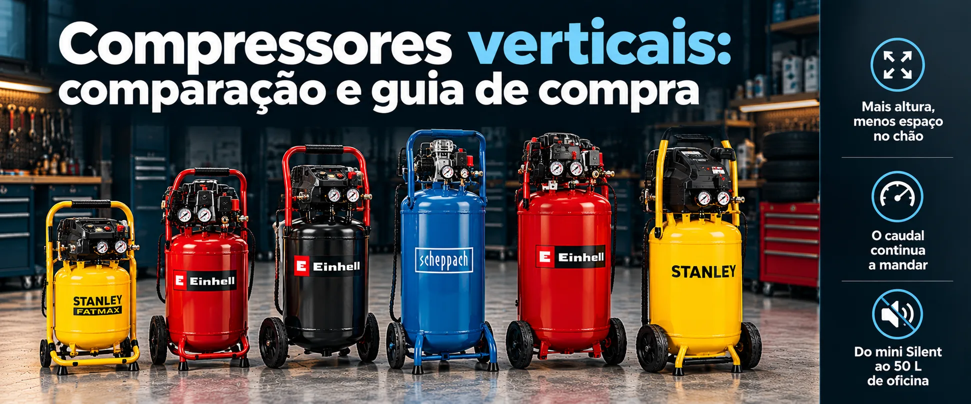 Compressores verticais — comparação e guia de compra: seis modelos numa oficina