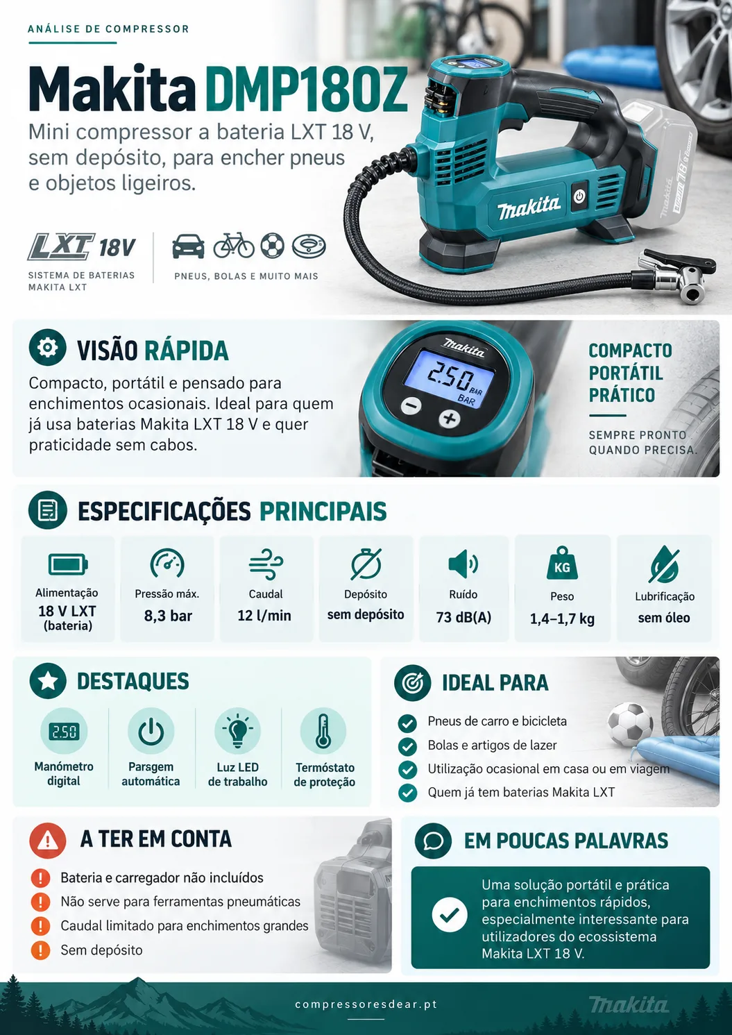 Infográfico Makita DMP180Z: especificações, pontos fortes