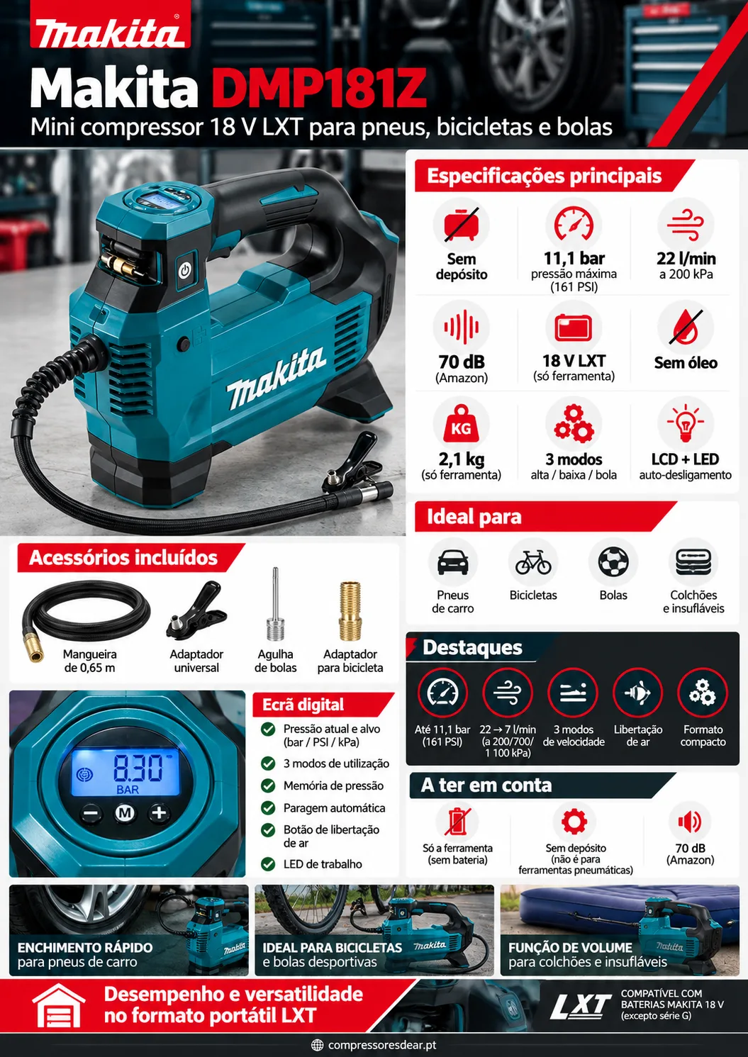 Infográfico Makita DMP181Z: especificações, pontos fortes, para quem é e para quem não é