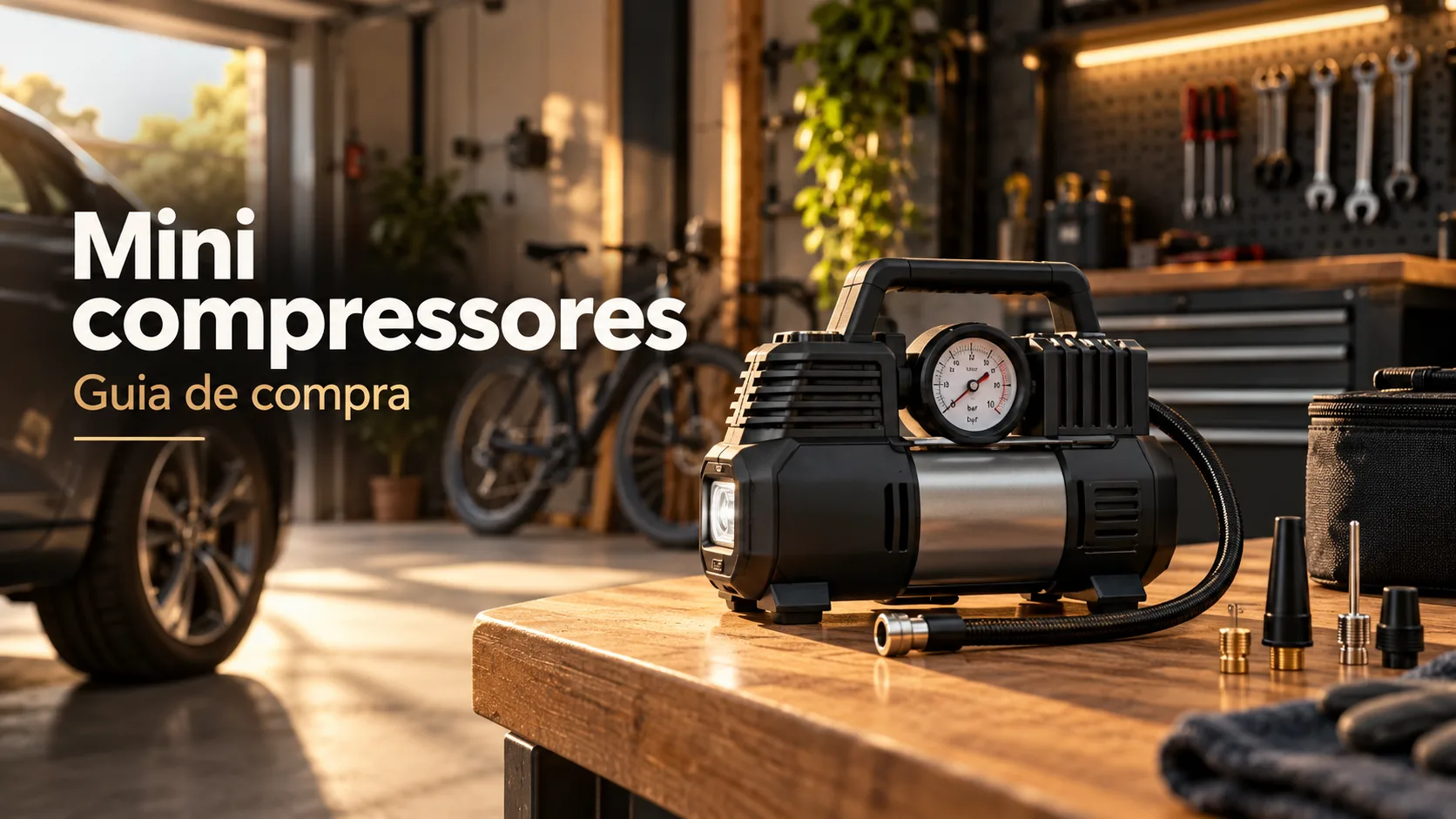 Mini compressores — guia de compra: compressor portátil numa bancada de oficina