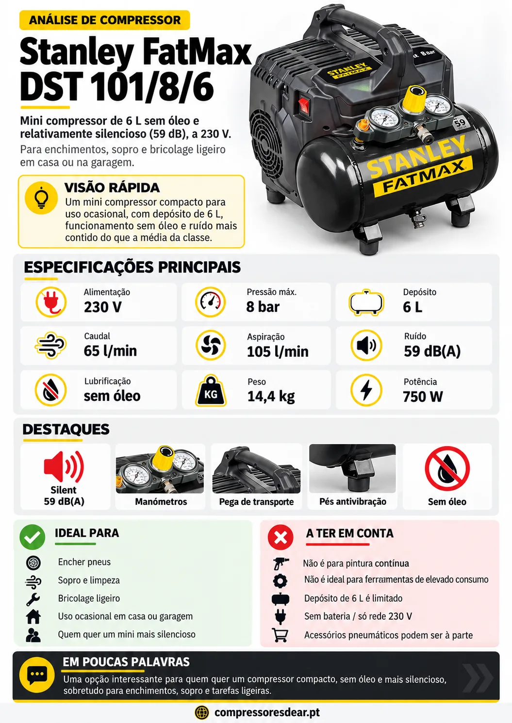 Infográfico Stanley FatMax DST 101/8/6: especificações, pontos fortes, para quem é e para quem não é